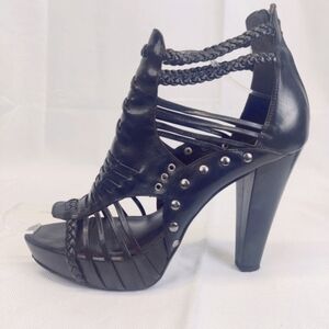 Pour La Victoire Black Strappy Leather Platform High Heel Sandals Women's 9.5